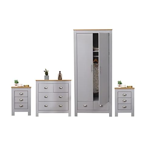 DONEWELL 4 Piece Bedroom Furniture Sets 3Drawers bedside table set of 2,2 Door and 2 Drawer Wardrobe,Chest of Drawers Wooden,Grey+Oak,Uk Delivery Cover