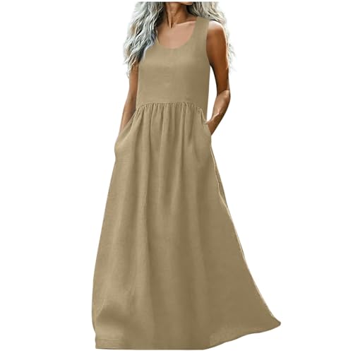 Women's Linen Sundress Summer Boho Maxi Dresses Casual Sleeveless Long Dress with Pockets Bohemian Beach Long Dress Ladies Flowy Holiday Swing Loose Fit Dresses for Party Evening Khaki