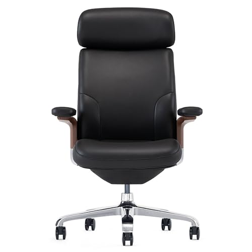 Genuine Leather Office Chair with High Back Aluminum Swivel...