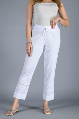 Women's Cotton White Regular Fit High Rise Palazzo Pants with Lace Detail, Drawstring Waist, Ankle Length2