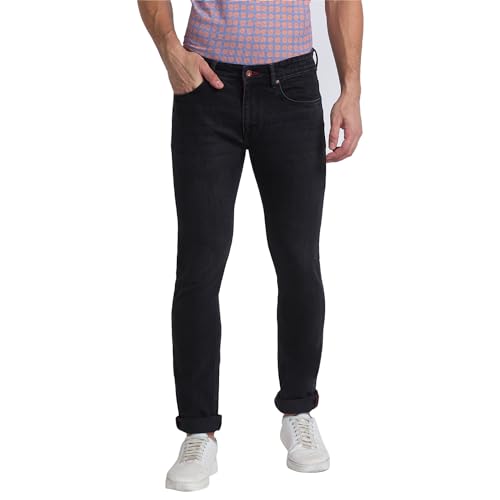 Image of Raymond Men's Cotton Blend Solid Pattern Slim Fit Flat Front Jeans