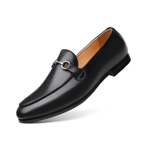Santimon Men's Slip-on Black Leather Loafers with Snaffle Bit Moccasins Formal Wedding Dress Casual Shoes