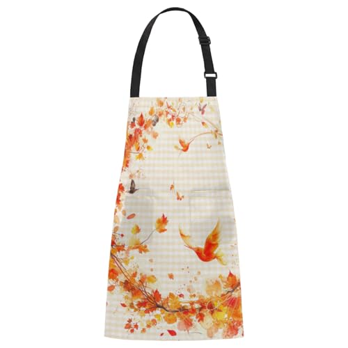 Autumn Birds Chef Apron with Pockets Adjustable Shoulder Strap Waterproof Cooking Apron for Kitchen Baking Gardening Pottery Painting
