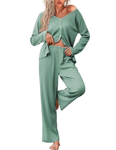 Ekouaer Womens Waffle Knit Pajamas Long Sleeve Lounge Set Button Up Pjs Loungewear with Pockets...