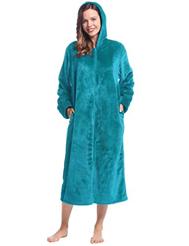 Womens Zip Up Fleece Plush Robe Fluffy Bathrobe Housecoat Full Length with Hood (Teal, XL)