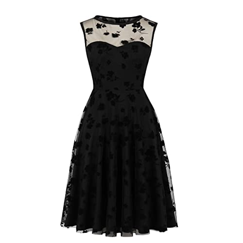 Image of 1950s Dresses for Women Vintage Elegant Short Puff Sleeve Polka Dot Patchwork Knee Length Cocktail Party Dress