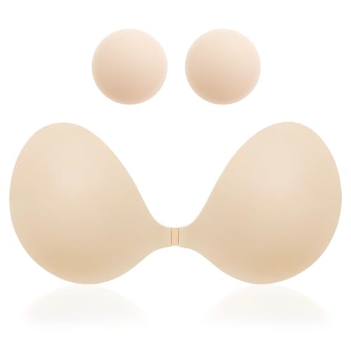 MITALOO Adhesive Bra Invisible Sticky Strapless Push up Backless Reusable Silicone Covering Nipple Bras Warm Beige