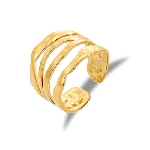 Bagues en or pour femme, en acier inoxydable ALEXCRAFT plaqué or 18 carats, réglable, ouverture simple, anneau martelé câlin, bagues multicouches, anneaux de pouce...