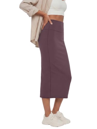 Image of Rooscier Women's High Waisted Pencil Midi Skirt | Stretchy Bodycon Knee Length Skirts with Back Slit