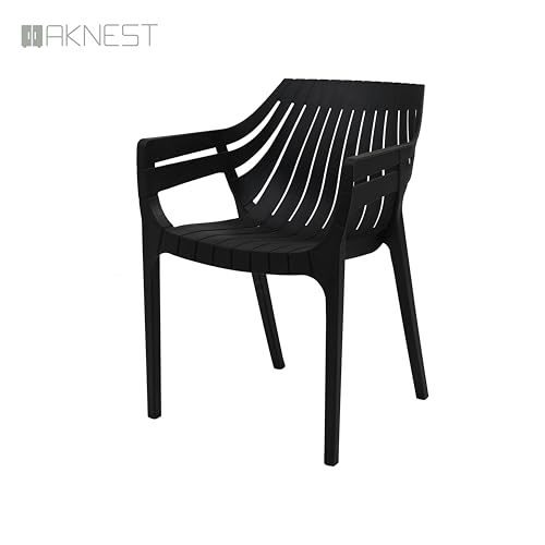 Image of OAKNEST Supreme Spectrum Plastic Arm Chair - Modern Slatted Stackable Chair for Living Room, Dining, Garden, Balcony, Restaurant & Cafe | Weatherproof Indoor Outdoor Designer Chair, Set of 2, Black