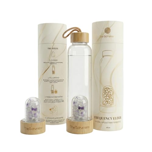 DR TECHNOLOGIES The Schumann Crystal Water Bottle Clear Quartz 16 oz Borosilicate Glass Sealed Piezoelectric Chamber Bamboo Cap BPA-Free Wellness Gift Swappable Pods