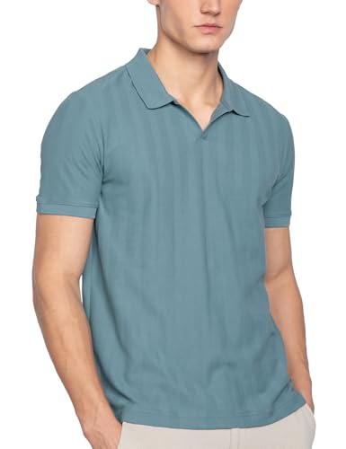 Image of DAMENSCH Men Rich Pique, Statement Textured, Body-Cooling All Degree, Premium Cotton, Herringbone Texture Johnny Collar Polo T-Shirt