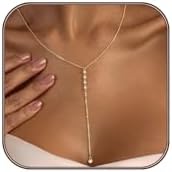 Airmb Lariat Gold Necklace for Women, Dainty Long Necklace 14k Gold Plated Layered CZ Chain Y-Shaped Body Chain Stack Drop Wedding Necklace Trendy Simple Gold Jewelry Gifts