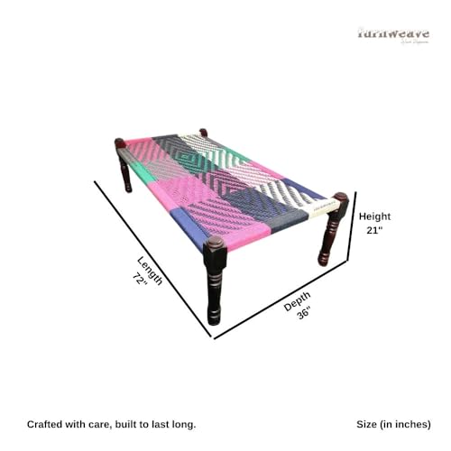 Image of Solid Sheesham Wood Charpai Khat Bed | Wooden Khatiya Charpai Desi | Handcrafted Khatiya Bed with Cotton Rope | Strong Khat for Indoor & Outdoor Use | 6X3 Feet | Dhab Colorful