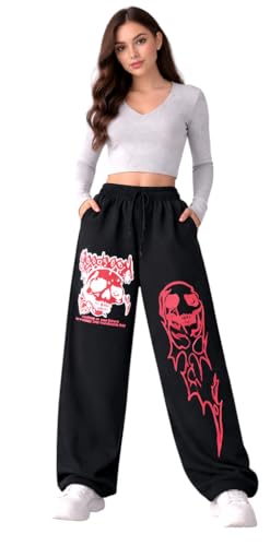 Image of CRAMPLEWomen's Graphic Print Wide Leg Sweatpants, Elastic Waist with Drawstring, Casual Streetwear Joggers