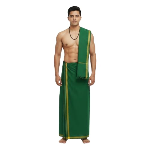 Men’s Traditional Cotton Palani Murugan Samy Green Colour Dhoti and Towel set/Kerala Dhoties/Mundu/Swamy Veshti with Golden/Jari Border (1 Set)-picture-19