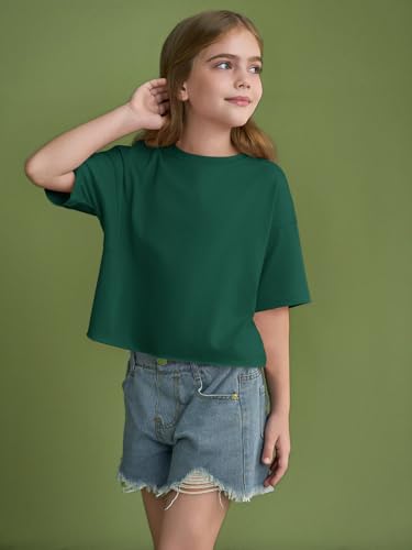 Image of Girls Athletic Oversized Crop Tops Kids Drop Shoulder Short Sleeve T Shirts Workout Tees 5-14 Years