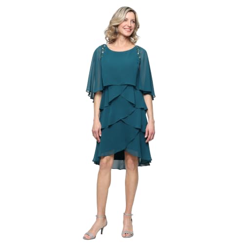Image of S.L. Fashions Women's Tiered Chiffon Cocktail Party Dress with Attached Cape & Beaded Shoulders (Petite and Regular Sizes)