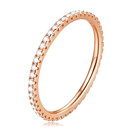 WOSTU 925 Sterling Silver Ring Eternity Cubic Zirconia Stackable Wedding Band Tarnish Resistant for Women Men Multi Colors Statement Rings Comfort Fit Size 7 Rose Gold