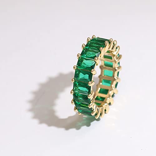 Image of Caiyao Green Emerald Eternity Paved Square Cubic Zirconia Promise Wedding Band Rings Gold Plated Baguette Jewelry Rectangle Emerald-Cut CZ Ring for Women Girls