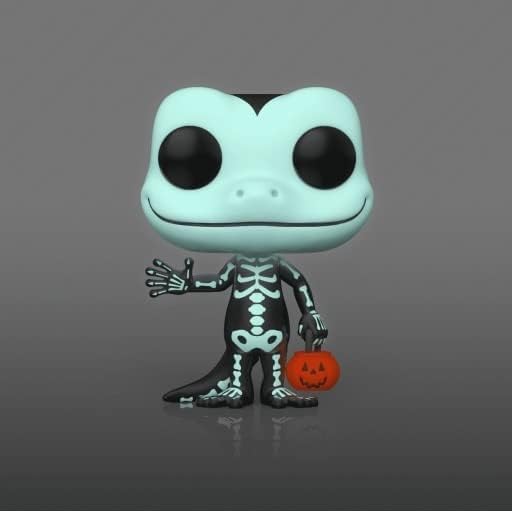 Funko POP! Geicoween Gecko figure glowing in the dark, showing its skeleton design