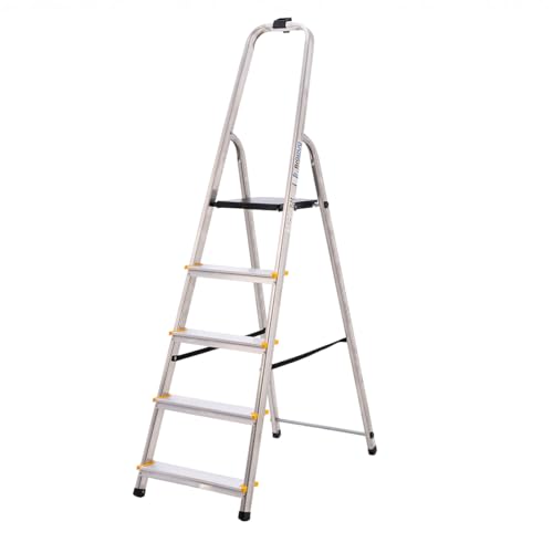 BiGDUG Aluminium Step Ladder - 5 Step Folding Ladder - Non-Slip Surface Hand Rails 5 Tread - Closed Height 1680 mm Platform Height 970 mm 1 BiGDUG Aluminium Step Ladder - 5 Step Folding Ladder - Non-Slip Surface Hand Rails 5 Tread - Closed Height 1680 mm Platform Height 970 mm