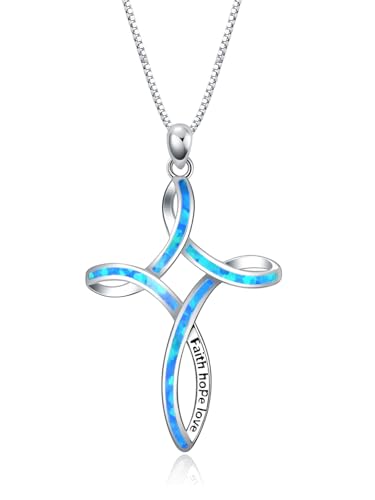 WINNICACA Opal Cross Necklace for Women, 925 Sterling Silver Cross Pendant Necklaces Celtic Knot Blue White Opal Jewelry Birthday Christian Gifts for Women Her Wife Mom Daughter