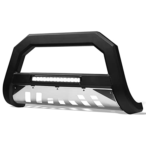 Matte Black AVT Style Aluminum LED Light Bull Bar Brush Push Front Bumper Grill Grille Guard With Stainless Skid Plate Compatible With 19-21 Chevy Silverado GMC Sierra 1500/2022 LTD Limited