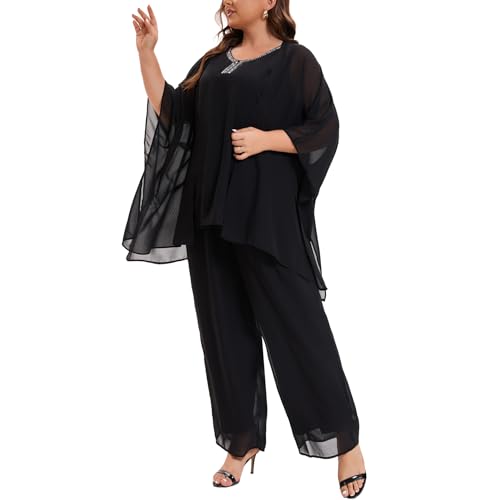 Plus Size Mother of Bride Pant Suits 3 Piece Chiffon Party Sets Handmade Sequins Wedding Guest Outfit2
