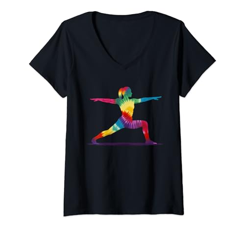 Womens Warrior 2 Yoga Pose Virabhadrasana II Silhouette Tie-Dye Art V-Neck T-Shirt