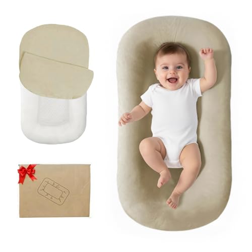 Image of Lucakuins Baby Lounger, Bionic Design Baby Lounger for Newborn 0-24 Months, Soft Organic Cotton Breathable Lounger for Infants (Apricot Baby Lounger)