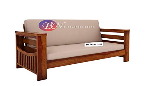 Image of BN Furniture Solid Sheesham Wood Sofa Set 6,5,3 & 2 Seater | Wooden Sofa Set with cushioned back for Living Room Stylish, Durable & comfortable for Home, Office, Hall & Guest Room (style 37, 3 seater)