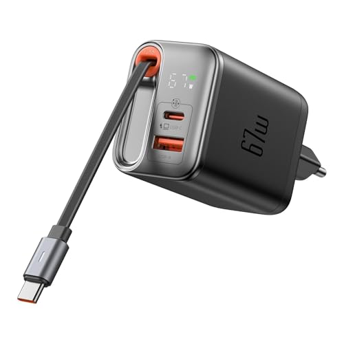 Mcdodo USB-C-laddare, 67W, nätadapter, USB-C GaN-snabb­laddare, 3-portars 67W GaN-laddare, PD-laddare för iPhone 16, 15, 14, Samsung-serien, MacBook Pro (med indragbar laddningskabel)