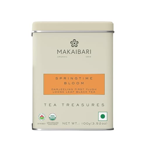 Image of Makaibari Tea Treasures Spring Time Bloom Darjeeling Black Tea | 100g Tin Caddy | Premium First Flush Loose Leaf Tea | USDA Organic | Single Estate Whole Leaf Chai | Fresh Floral Aroma & Delicate Flavor