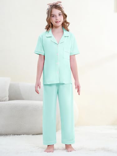 QZH.DUAO Girls 100% Cotton Pajama Sets, 3PCS Button Down Loungewear PJS, Mint Green, 9-10 Years4
