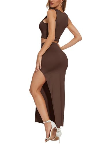 Image of ELLEVEN Sexy 2 Piece Maxi Skirt Sets for Women, Going Out Outfits | High Stretch, Lightweight, Slim Fit, Sleeveless Knit Crop Tank Top, High Slit Skirt Dress Set, Summer Date Night Outfits