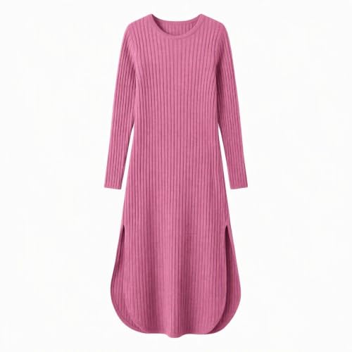 XINGJIAARTS Sweater Dresses for Women Long Sleeve Maxi Fall Ribbed Knitted Dress Round Neck Side Split Bodycon with Pockets RD2 Small - image 3