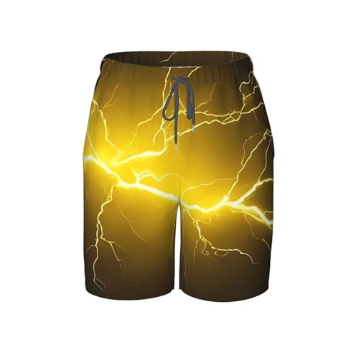 Men's Lightning Bolt Print Swim Trunks with Drawstring, Yellow and Brown