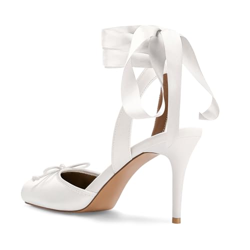 Image of Satin Ballet Heels for Women with Bow Square Toe Ballerina Stiletto Heels Lace Up High Heel Slingback Pumps Strappy Mary Janes Cute Elegant Party Shoes