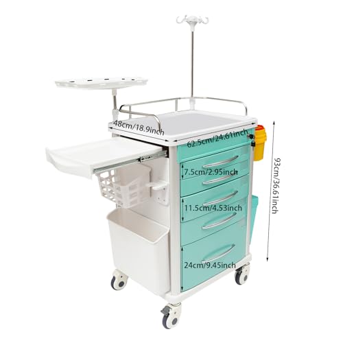 Rolling Crash Cart with Drawers & Adjustable IV Pole, Silent Casters, Needle Disposal Holder, Trash Bin, O2 Holder, Utility Trolley Cart for Clinic, Hospital, Salon, Lab, Load 176 Lbs (Green) - Thumbnail 5