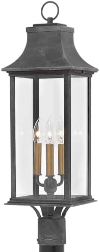 Hinkley Adair Three Light 27.75-Inch Outdoor Post Mount Lantern, Traditional Coach Style, Aluminum, Driveway, Walkway or Entryway Lighting, Post Sold Separately, Aged Zinc with Clear Glass