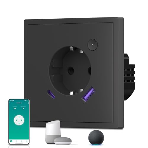 BSEED Prise Wi-Fi avec USB Typ C 20W, Prises en Matt avec bouton de commutation, Prise enterrée avec mesure du courant, Prise avec sécurité anti-enfants, S-Série, 1 voie, 86mm Noir