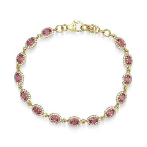 Bracelet rivière tourmaline rose en argent 925 plaqué or jaune pour femme - Pierres ovales 20,3 cm