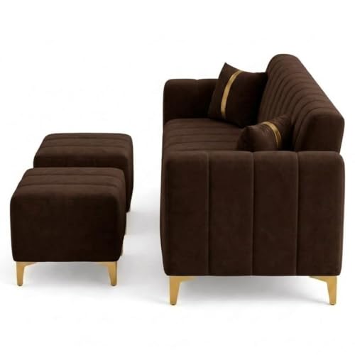 Image of FURNY Harmony 5 Seater L Shape Sofa Set with 2 Movable Ottoman & Golden Legs| Flexible Left or Right Layout | Plush Velvet Fabric (Dark Brown Color) | Perfect for Living Room, Guest Room & Office