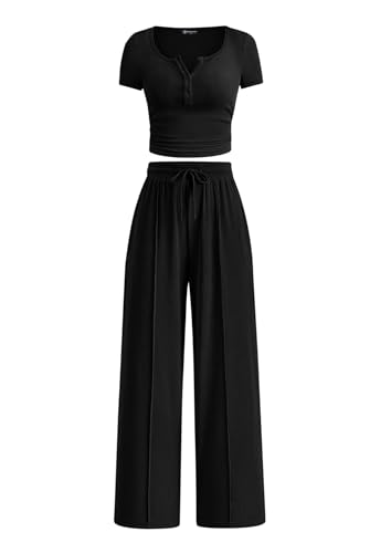 PRETTYGARDEN Womens 2 Piece Outfits Summer 2026 Ribbed Knit Button Short Sleeve Tops Casual Wide Leg Pants Lounge Sets(Black Medium)