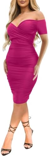 Ekaliy Women's Sexy Off The Shoulder Midi Dress Ruched Bodycon Dresses