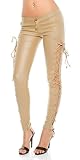 Koucla Lederlook Skinny Hose mit Schnürung - Lederoptik Low Cut Pants Leggings Schwarz Beige Rot Weiß Gr. S - XL (S, Beige) - 4