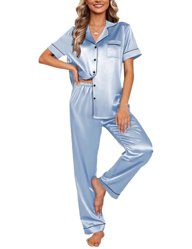Ekouaer Silk Satin Pajamas Set Women Short Sleeve Sleepwear Soft Button Down Loungewear Pjs Set Light Blue Small