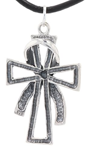 Sterling Silver Cross with Awareness Ribbon Pendant on Black Leather Necklace4