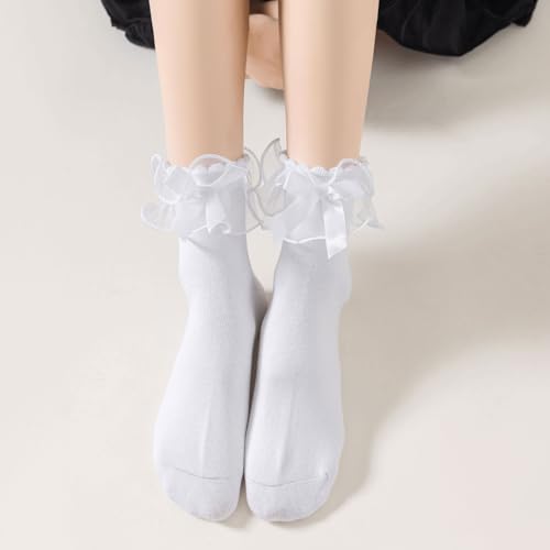 Lace Ruffle Frilly Socks for Women, Comfortable Cotton Cute Lace Ankle Socks with Bow2